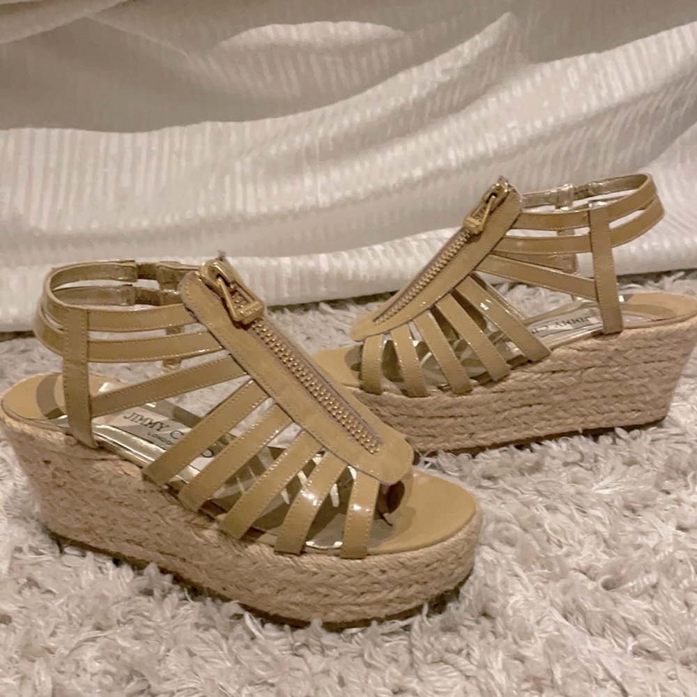 Authentic Jimmy Choo Patent Leather Tan Wedges